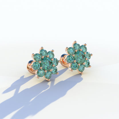 Persee - Round Green Diamond Stud Earrings| Piercing Flower Setting