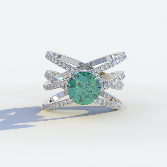 1.5 carat green round cut criss cross lab diamond ring, Elegant Collection, sustainable elegant jewelry, engagement ring, high-quality diamond ring, lab-grown diamond ring