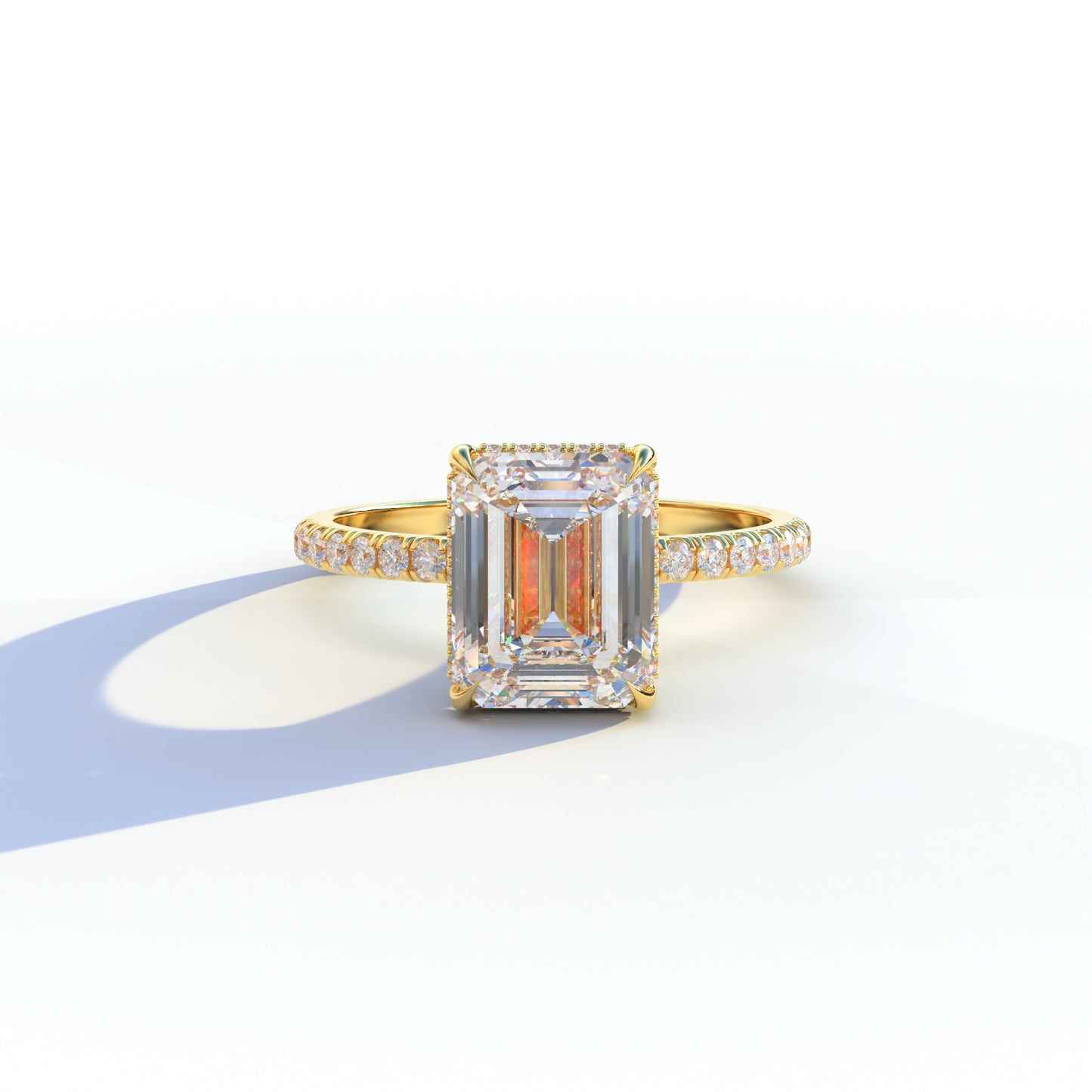 3 Ct E/VVS Emerald Cut Lab Diamond In Hidden Halo & Pave Setting Ring - Austin