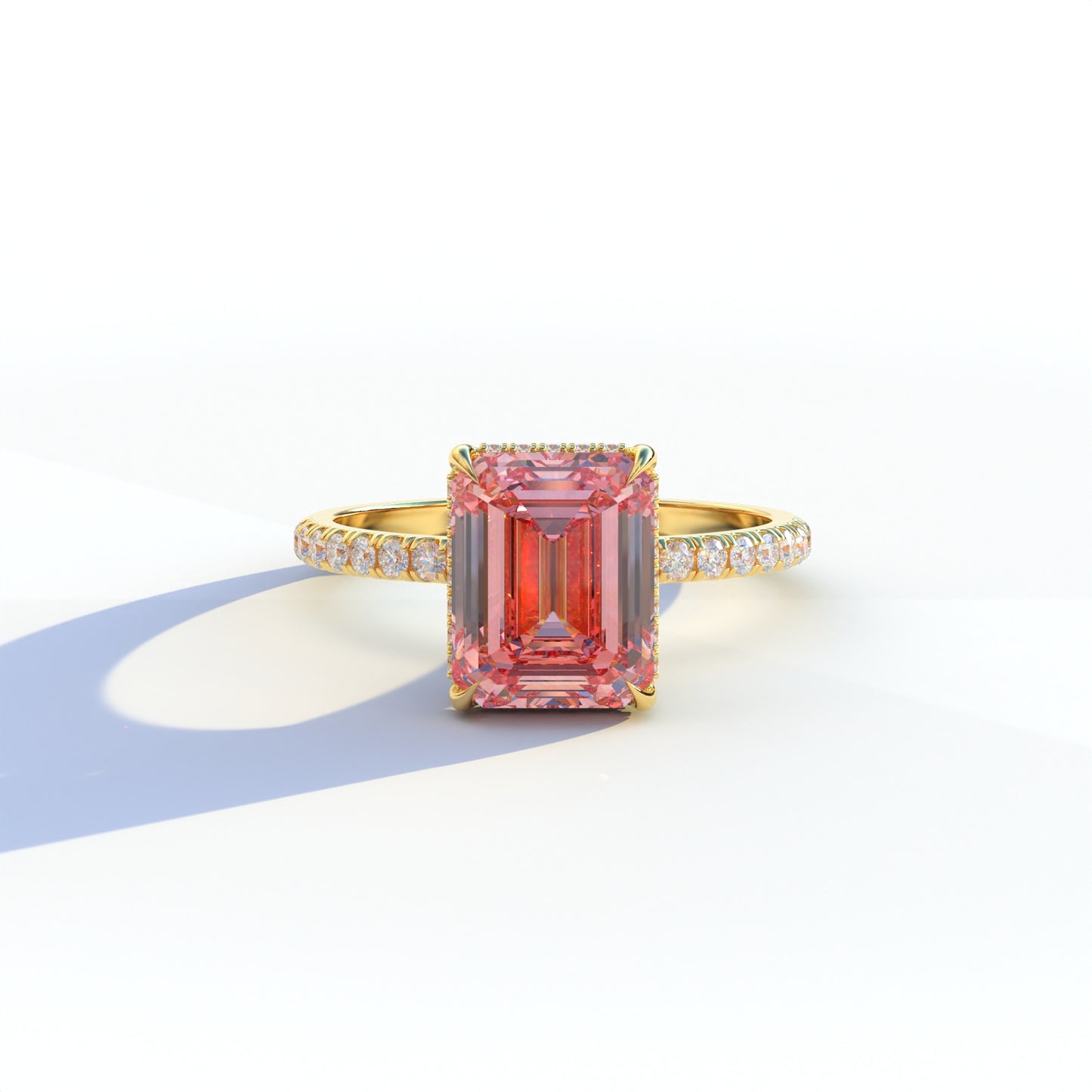 3 Ct Pink Emerald Cut Lab Diamond In Hidden Halo & Pave Setting Ring - Austin