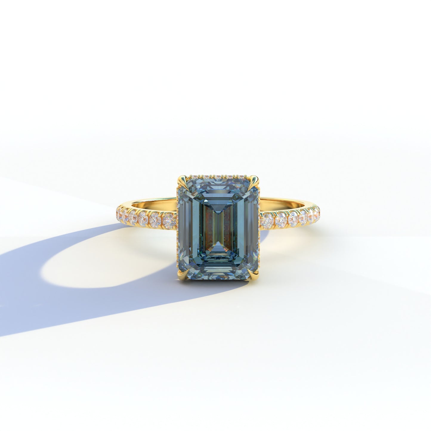 3 Ct Blue Emerald Cut Lab Diamond In Hidden Halo & Pave Setting  Ring - Austin