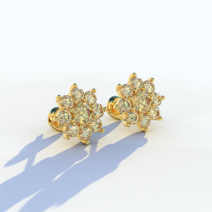 Persee - Round Yellow Diamond Stud Earrings| Piercing Flower Setting