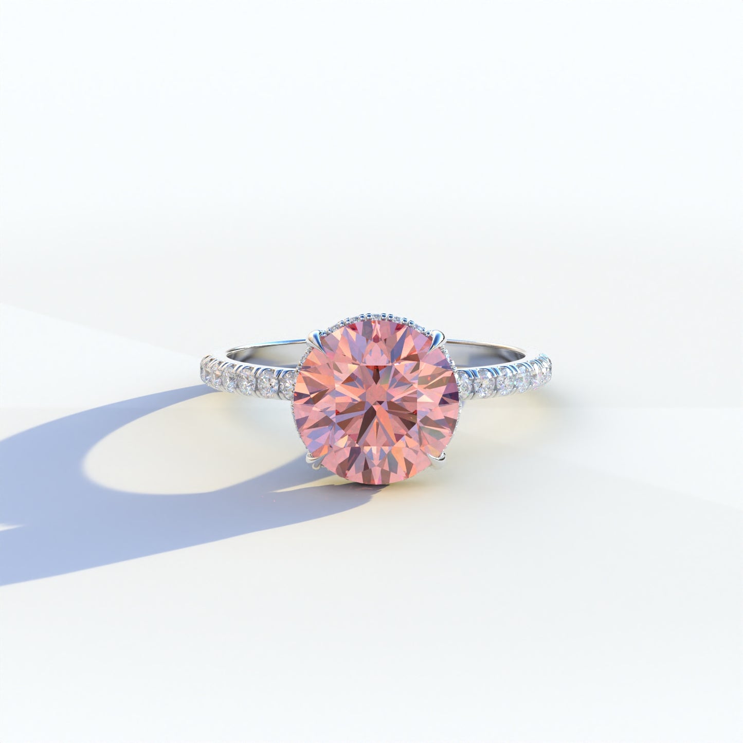 2 carat pink round cut lab diamond ring, hidden halo & pave ring, Schön, sustainable elegant jewelry, engagement ring, high-quality diamond ring, lab-grown diamond ring