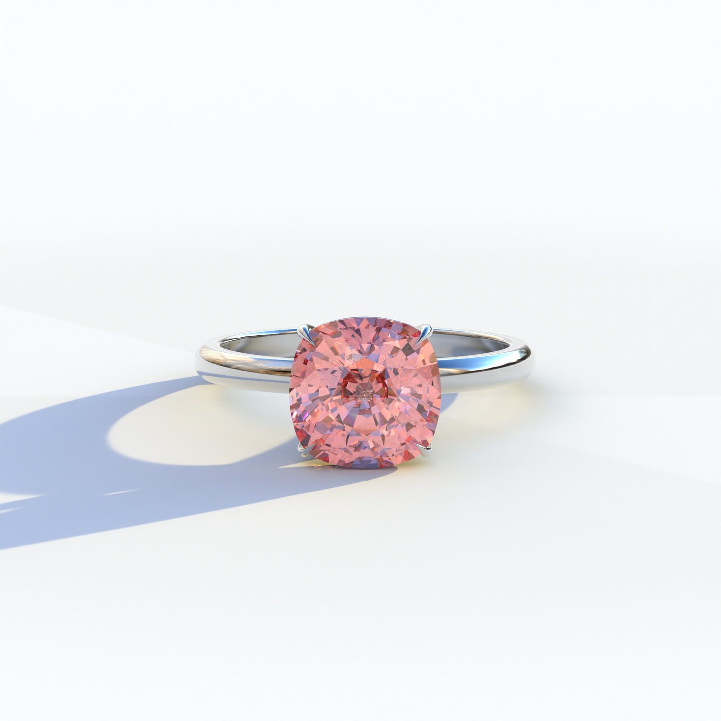 2.5 carat pink cushion cut lab-grown diamond, pink solitaire engagement ring, lab-grown diamond engagement ring, ethical pink diamond ring