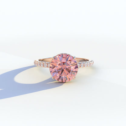 2 Carat Pink Round Cut Lab Diamond Ring - Hidden Halo & Pave Ring - Schön