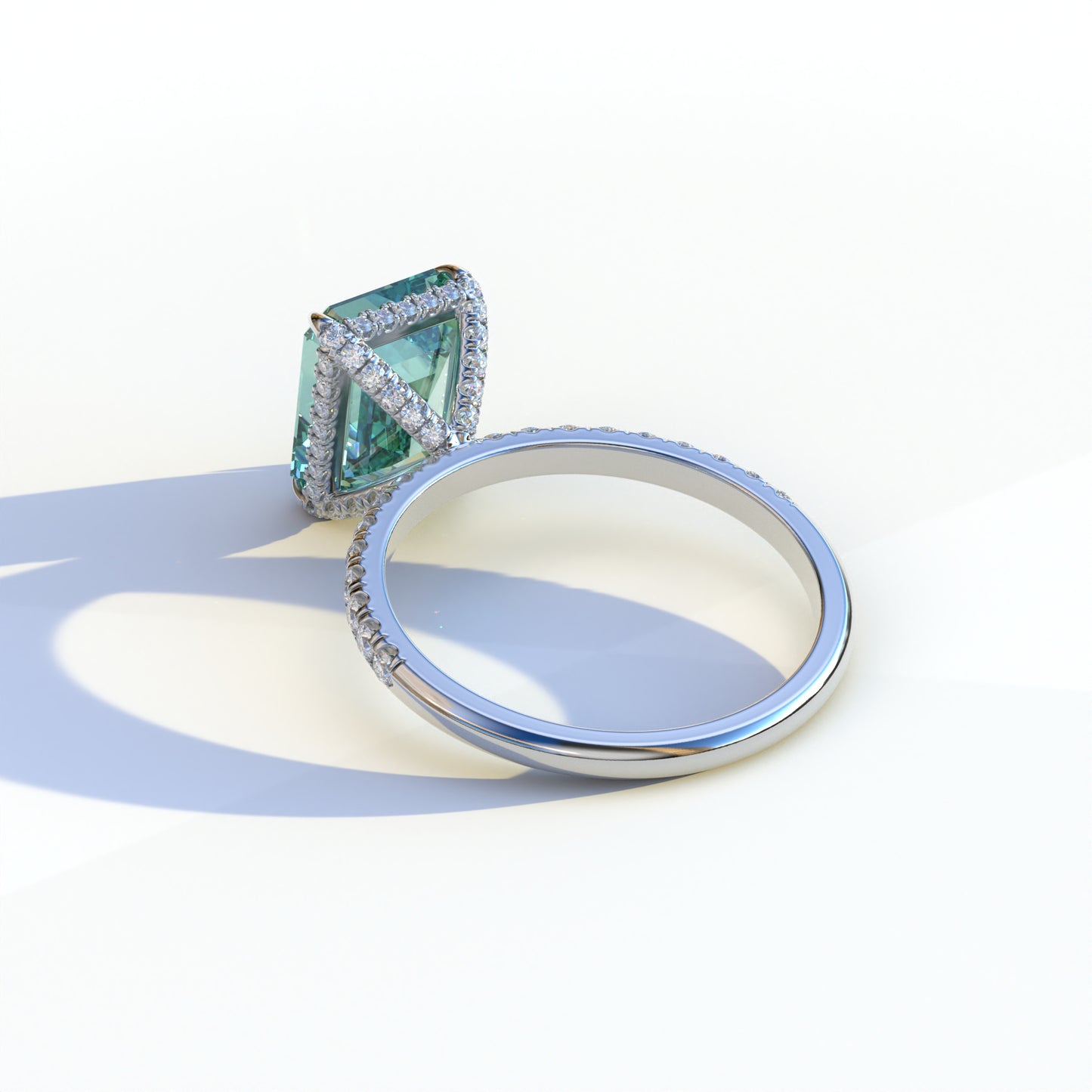 3 Ct Green Emerald Cut Lab Diamond In Hidden Halo & Pave Setting Ring - Austin