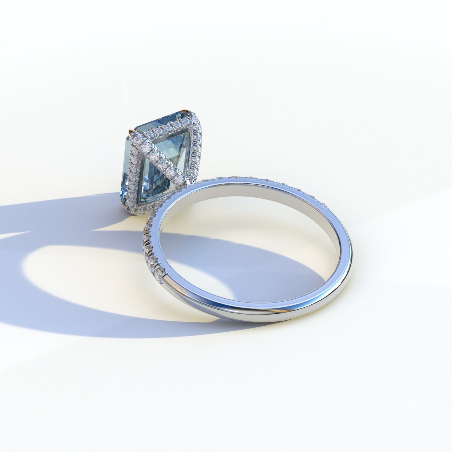 3 Ct Blue Emerald Cut Lab Diamond In Hidden Halo & Pave Setting  Ring - Austin