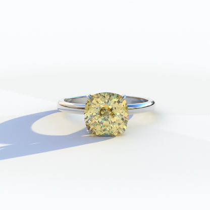 2.5 carat yellow cushion cut lab-grown diamond, yellow solitaire engagement ring, lab-grown diamond engagement ring, ethical yellow diamond ring