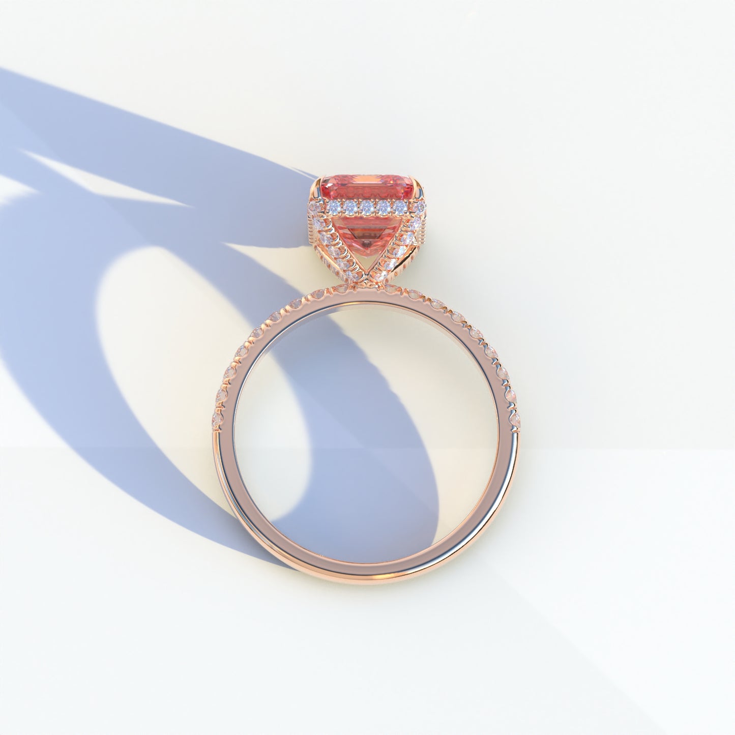 3 Ct Pink Emerald Cut Lab Diamond In Hidden Halo & Pave Setting Ring - Austin