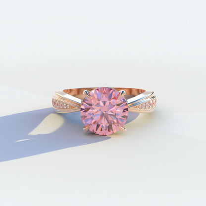 2.5 Carat Pink Round Shaped Lab Diamond Ring V-Shank Pave Setting -Je t’adore