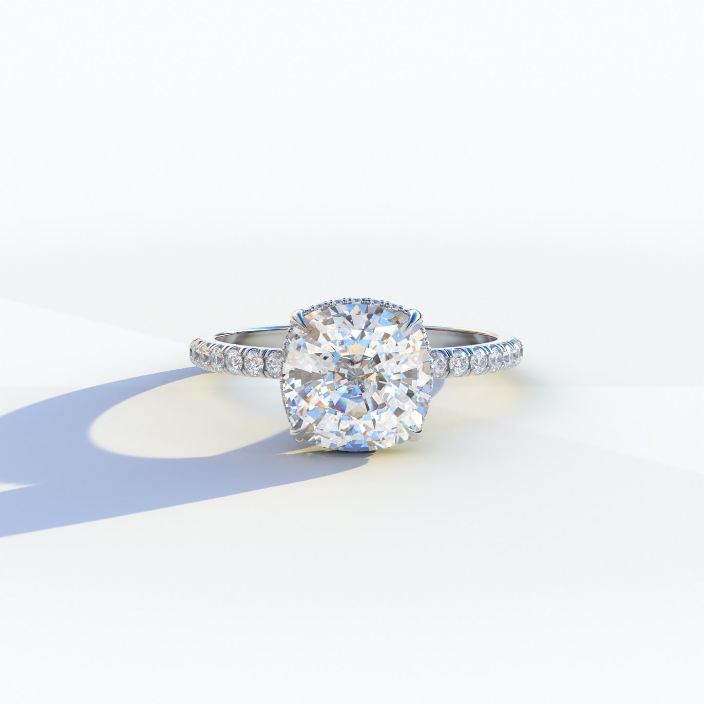 3 carat cushion cut lab-grown diamond, E VVS hidden halo ring, pave diamond engagement ring, lab-grown diamond engagement ring, ethical diamond ring