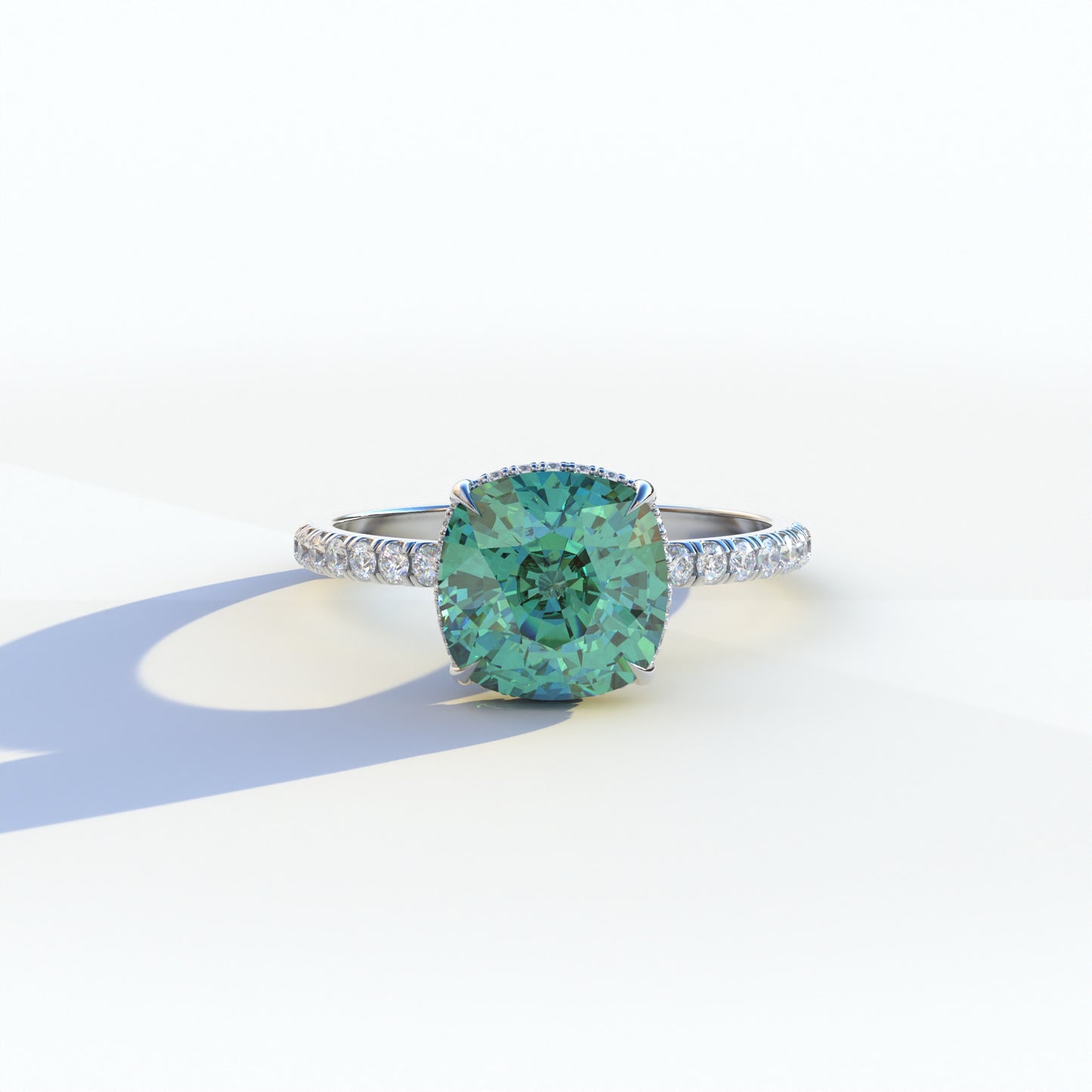 3 carat green cushion cut lab-grown diamond, green hidden halo ring, pave diamond engagement ring, lab-grown diamond engagement ring, ethical green diamond ring