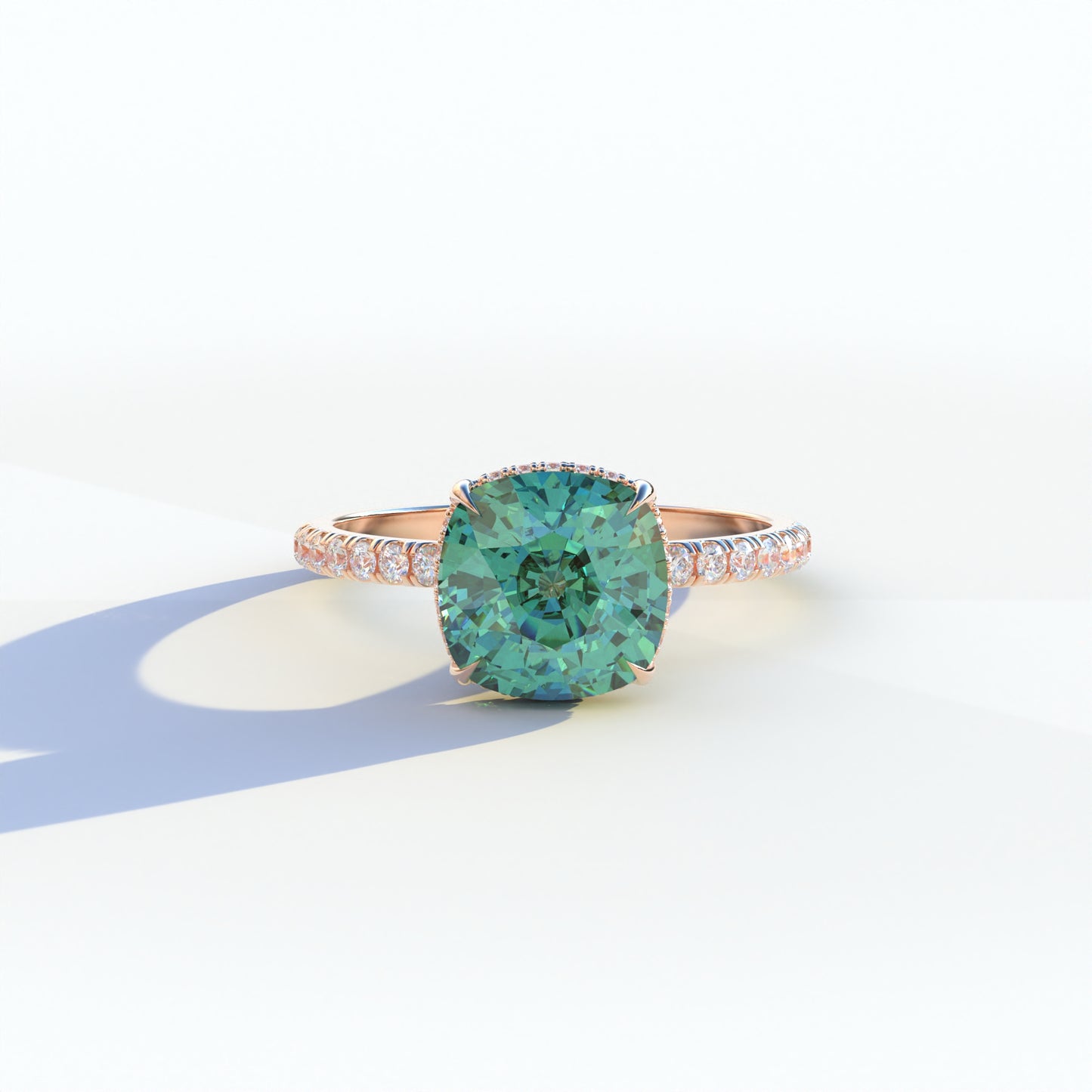 3 Carat Green Cushion Cut Hidden Halo & Pave Lab Diamond Ring - Jubilee