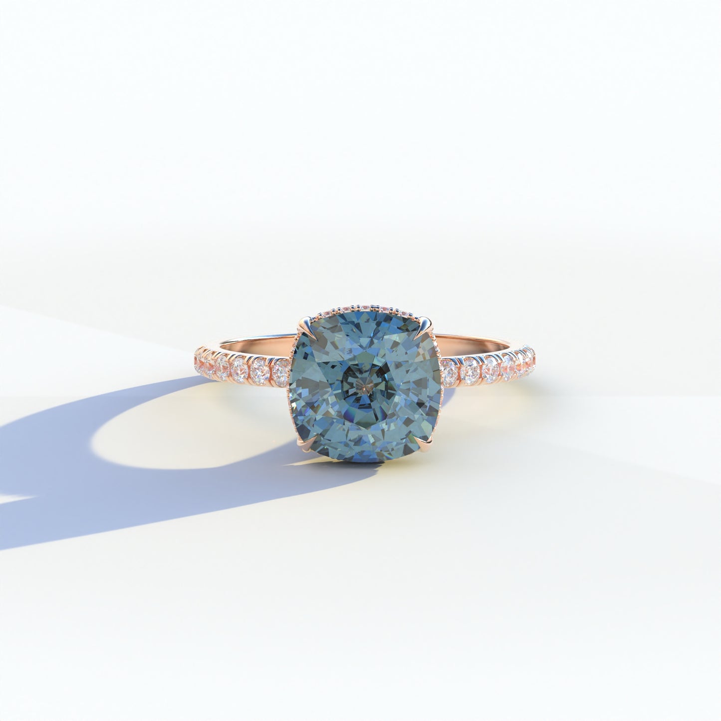 3 Carat Blue Cushion Cut Hidden Halo & Pave Lab Diamond Ring - Jubilee