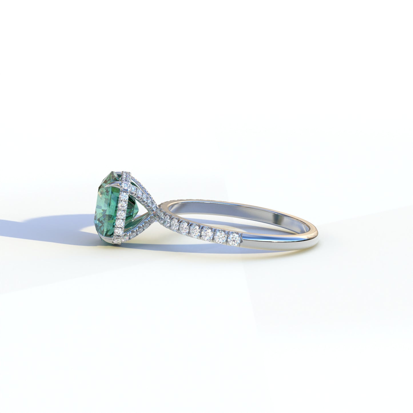 3 Carat Green Cushion Cut Hidden Halo & Pave Lab Diamond Ring - Jubilee