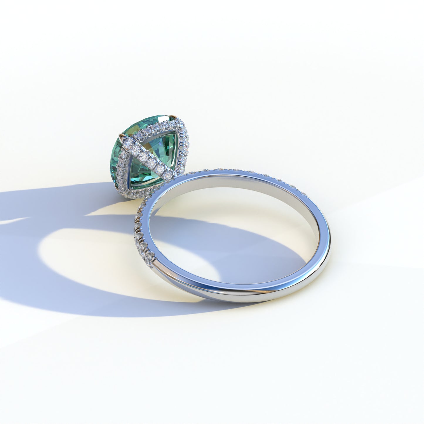 3 Carat Green Cushion Cut Hidden Halo & Pave Lab Diamond Ring - Jubilee