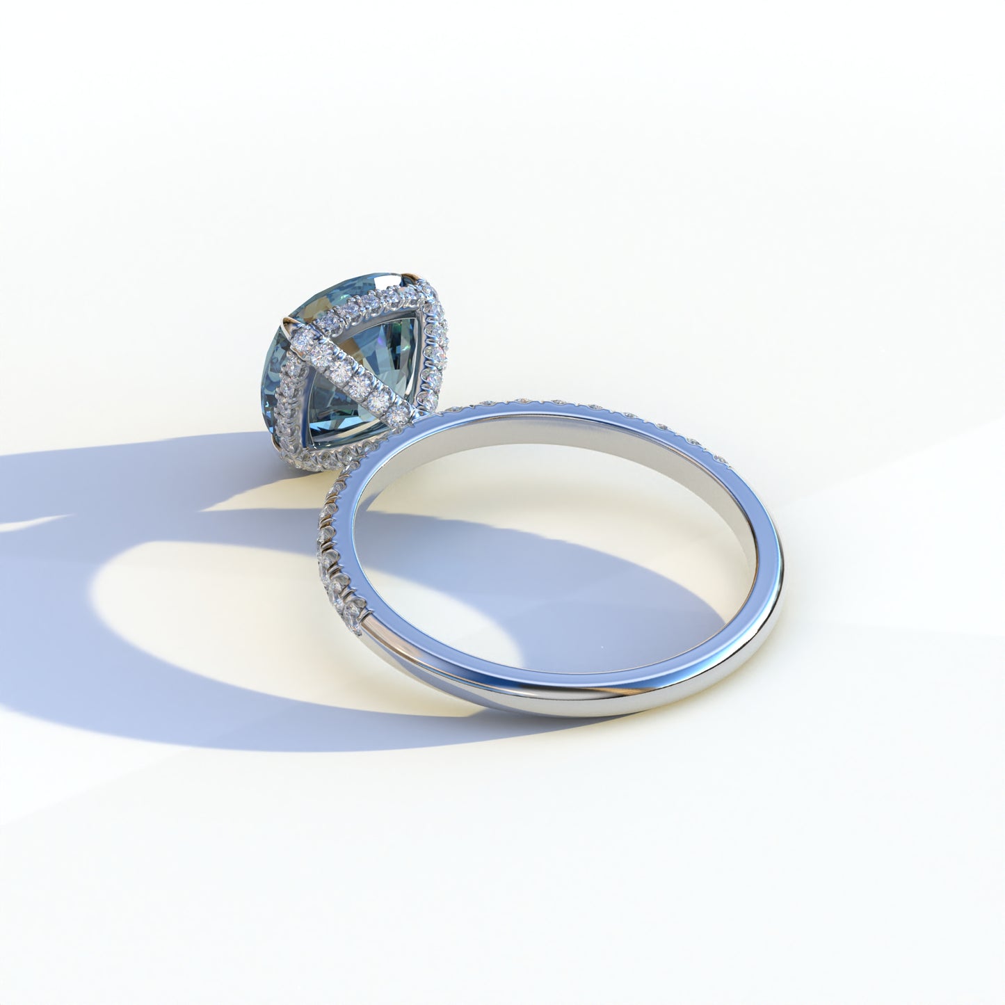 3 Carat Blue Cushion Cut Hidden Halo & Pave Lab Diamond Ring - Jubilee