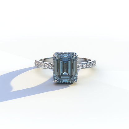 2.5 Ct Blue Emerald Cut Lab Diamond In Hidden Halo & Pave Setting Ring - Siena