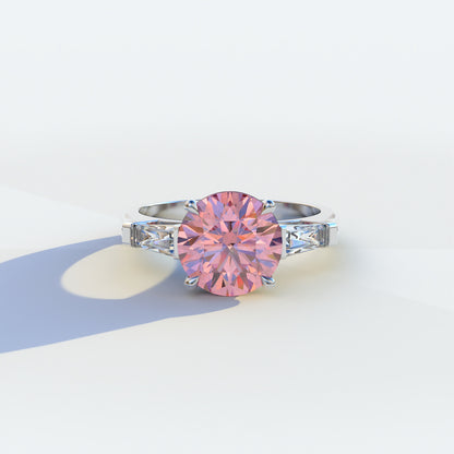 2.5 carat pink round and tapered cut multi stone lab diamond ring, Reflection Collection, sustainable elegant jewelry, engagement ring, high-quality diamond ring, lab-grown diamond ring