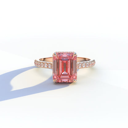 2.5 Ct Pink Emerald Cut Lab Diamond In Hidden Halo & Pave Setting Ring -  Siena