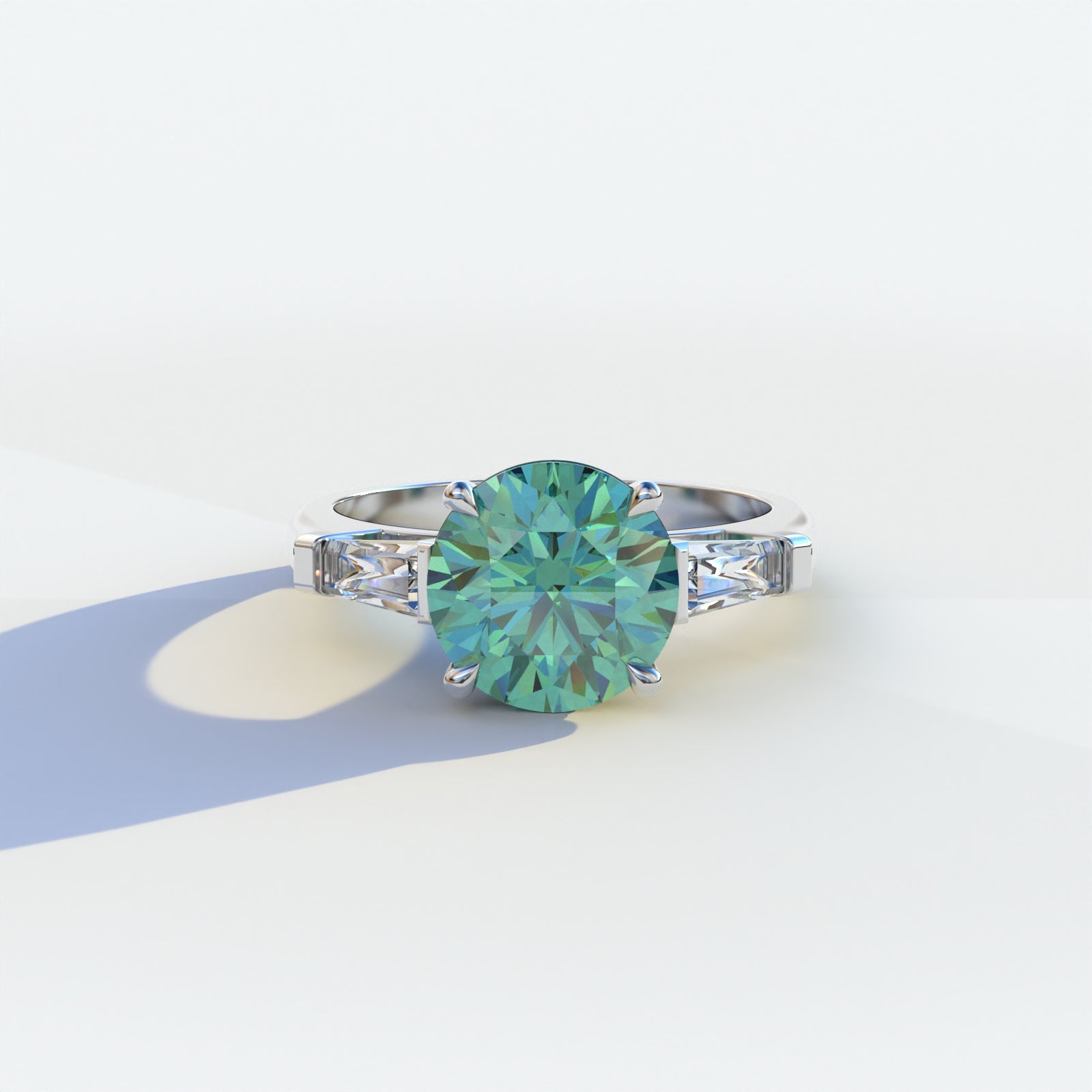 2.5 carat green round and tapered cut multi stone lab diamond ring, Reflection Collection, sustainable elegant jewelry, engagement ring, high-quality diamond ring, lab-grown diamond ring