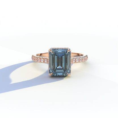 2.5 Ct Blue Emerald Cut Lab Diamond In Hidden Halo & Pave Setting Ring - Siena