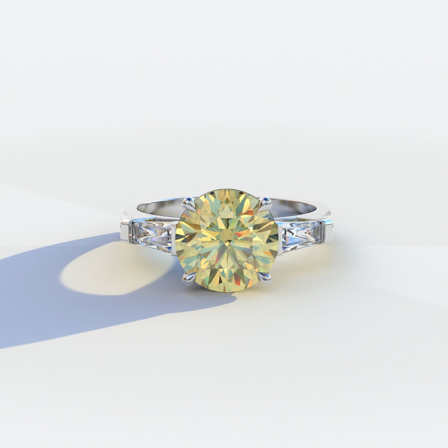 2.5 carat yellow round and tapered cut multi stone lab diamond ring, Reflection Collection, sustainable elegant jewelry, engagement ring, high-quality diamond ring, lab-grown diamond ring