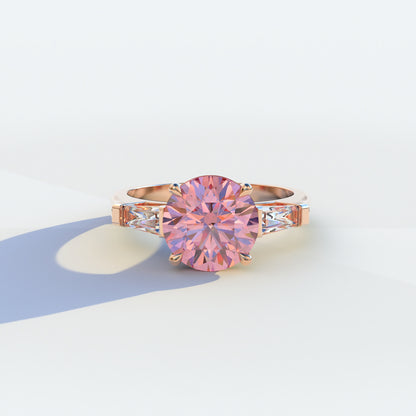 2.5 Carat Pink Round & Tapered Cut Multi Stone Lab Diamond Ring - Reflection