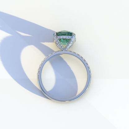 3 Carat Green Cushion Cut Hidden Halo & Pave Lab Diamond Ring - Jubilee