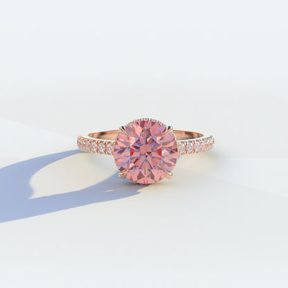 2 Carat Pink Round Cut Hidden Halo & Pave Setting Lab Diamond Ring - Eblouissant