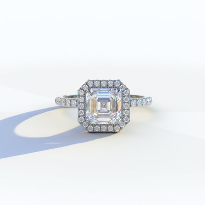 3.5 Ct E - VVS Asscher Cut Lab Diamond Halo & Pave Setting Ring - Up Glam