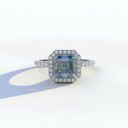 3.5 Ct Blue Asscher Cut Lab Diamond In Halo & Pave Setting Ring - Up Glam