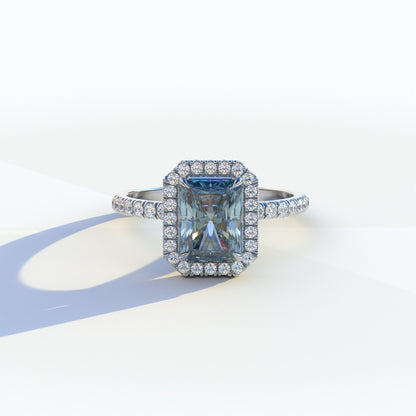 3 Ct Blue Radiant Cut Lab Diamond Halo & Pave Setting Ring - Madison