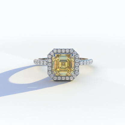 3.5 Ct Yellow Asscher Cut Lab Diamond In Halo & Pave Setting Ring - Up Glam