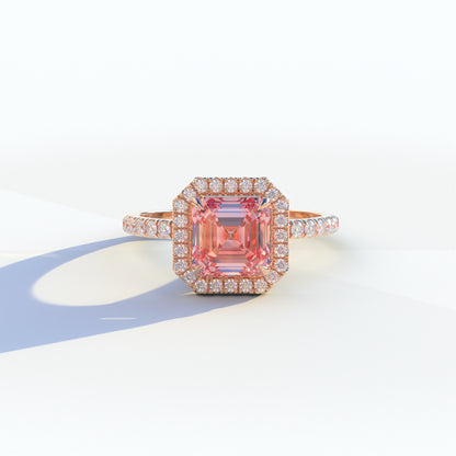 3.5 Ct Pink Asscher Cut Lab Diamond In Halo & Pave Setting Ring - Up Glam