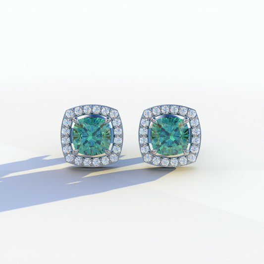 Kiara - Cushion Cut Green Diamond Stud Earrings | Halo Earring Setting