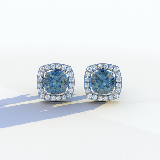 Kiara - Cushion Cut Blue Diamond Stud Earrings | Halo Earring Setting