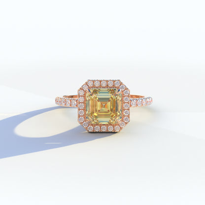 3.5 Ct Yellow Asscher Cut Lab Diamond In Halo & Pave Setting Ring - Up Glam