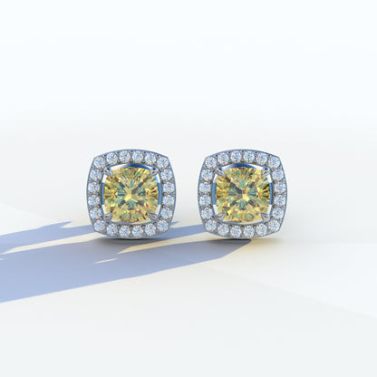 Kiara - Cushion Cut Yellow Diamond Stud Earrings | Halo Earring Setting