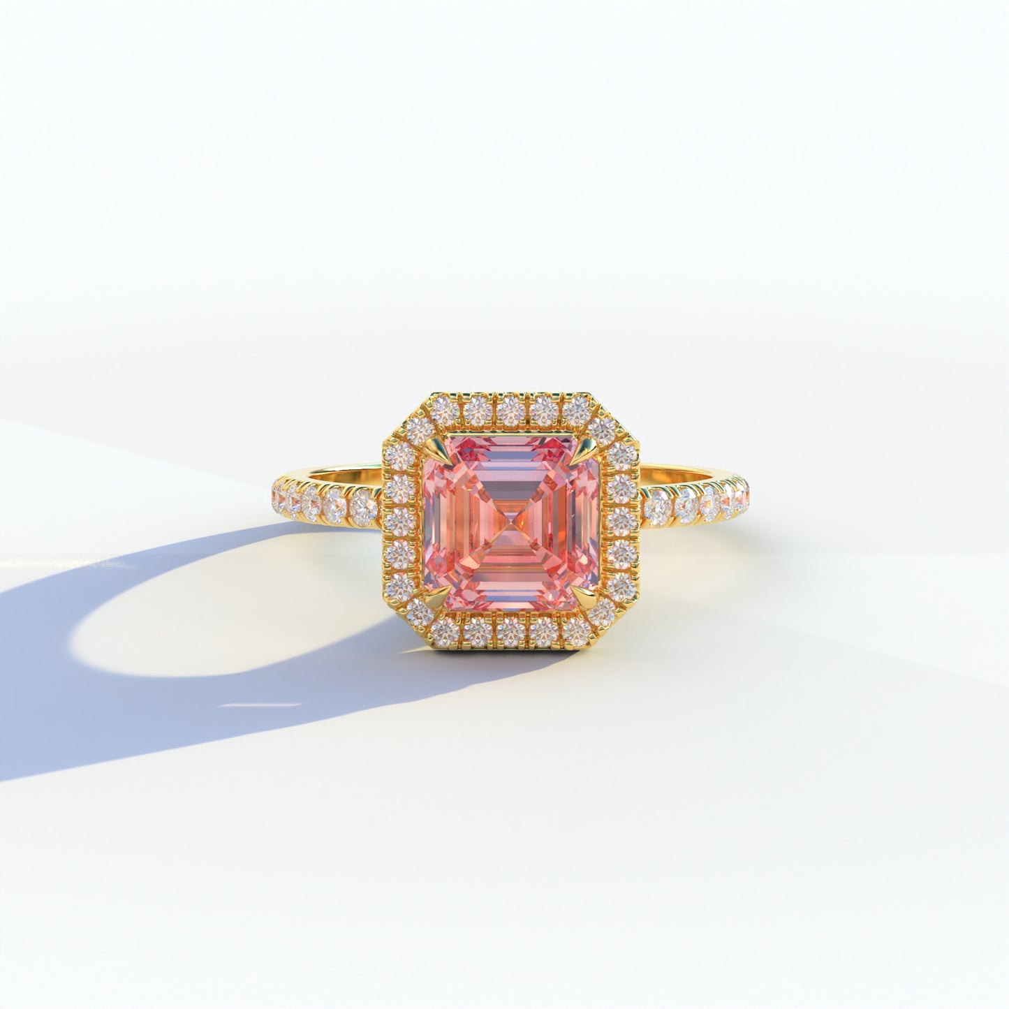 3.5 Ct Pink Asscher Cut Lab Diamond In Halo & Pave Setting Ring - Up Glam