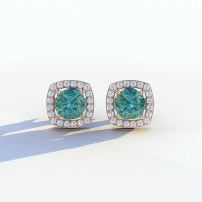 Kiara - Cushion Cut Green Diamond Stud Earrings | Halo Earring Setting