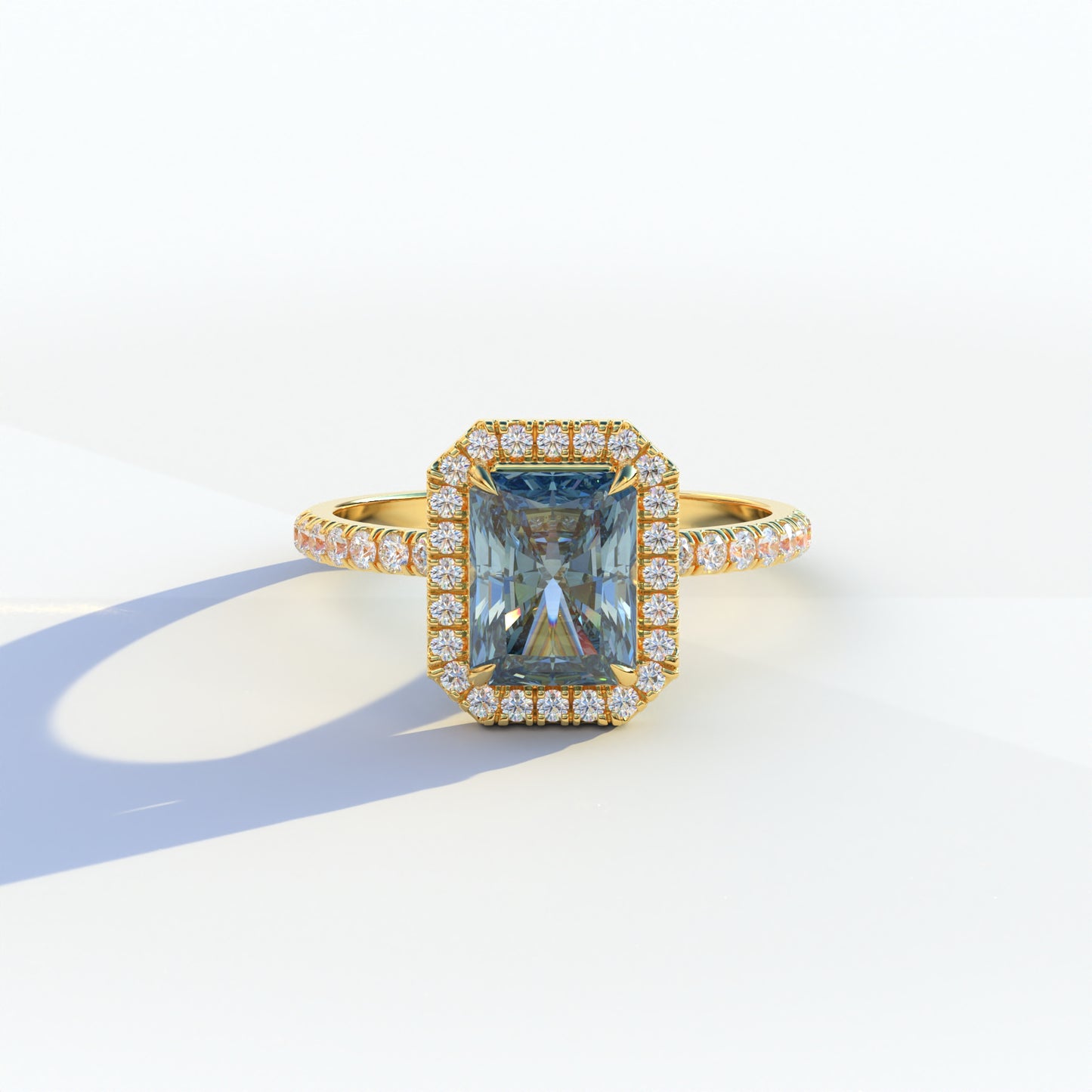 3 Ct Blue Radiant Cut Lab Diamond Halo & Pave Setting Ring - Madison