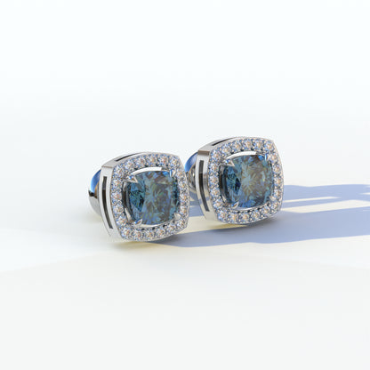 Kiara - Cushion Cut Blue Diamond Stud Earrings | Halo Earring Setting