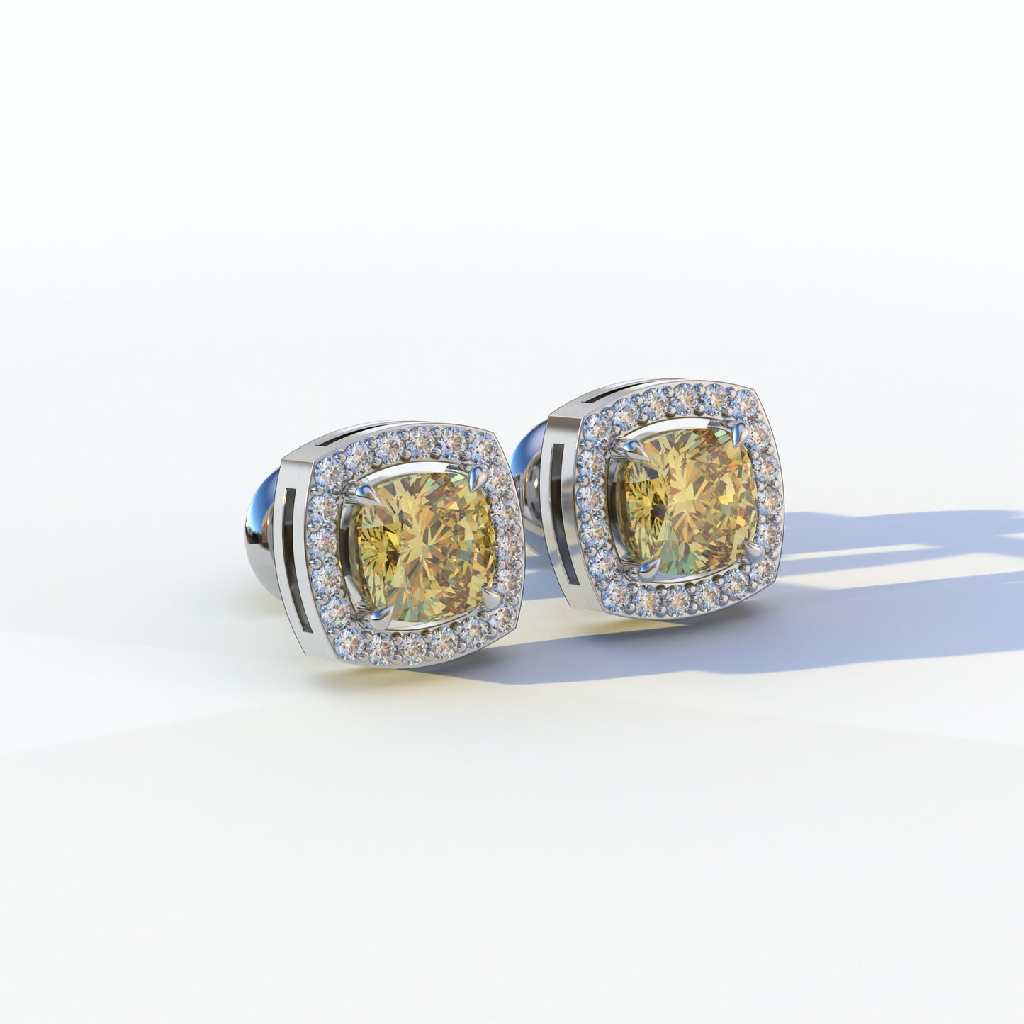 Kiara - Cushion Cut Yellow Diamond Stud Earrings | Halo Earring Setting