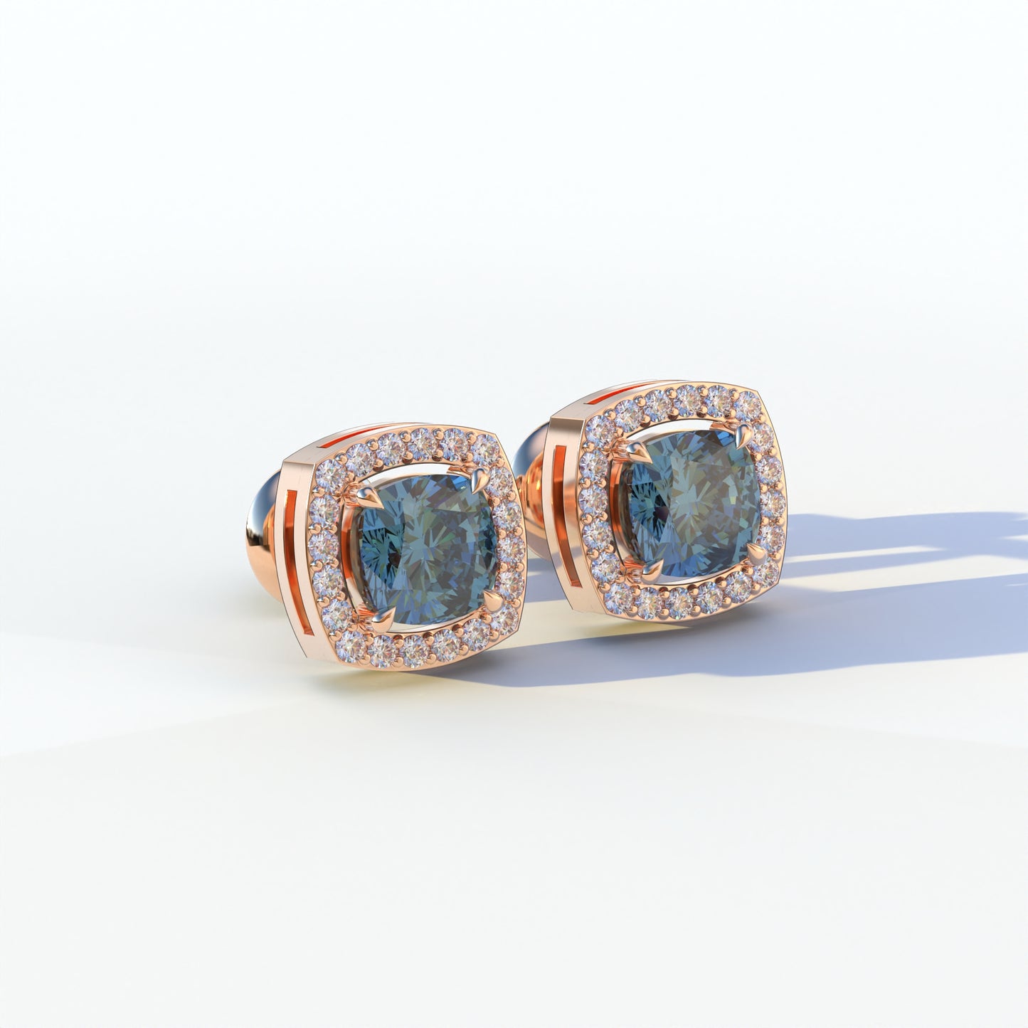 Kiara - Cushion Cut Blue Diamond Stud Earrings | Halo Earring Setting