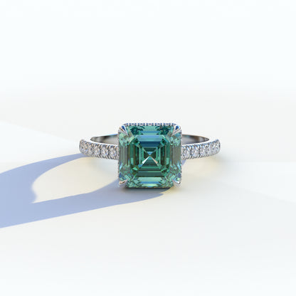 3.5 Ct  Green Asscher Cut Lab Diamond In Halo Setting  Ring - Azzurra