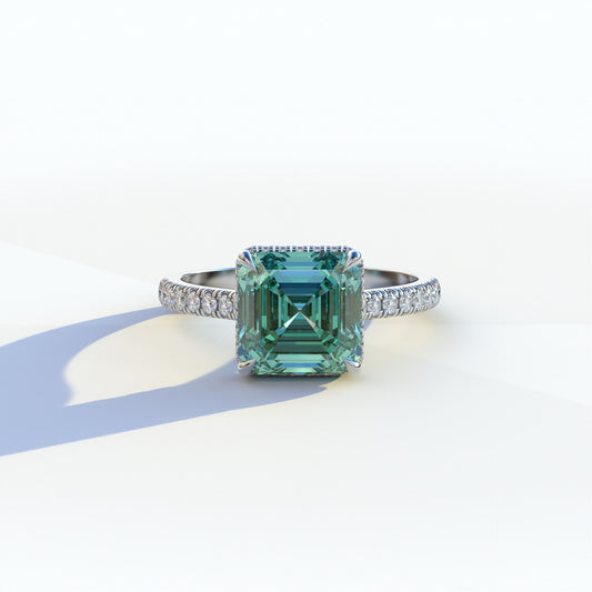 3.5 Ct  Green Asscher Cut Lab Diamond In Halo Setting  Ring - Azzurra