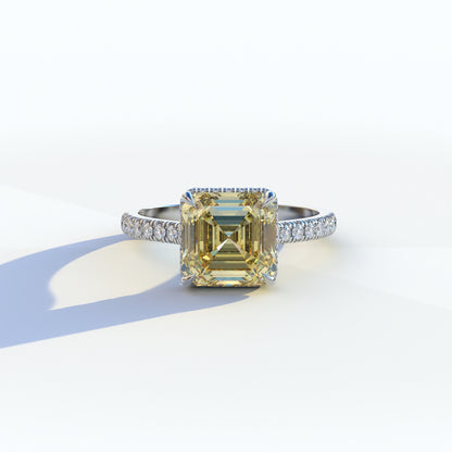 3.5 Ct Yellow  Asscher Cut Lab  Diamond In Hidden Halo & Pave Briliance Setting Ring - Azzurra