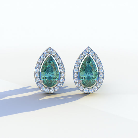 3 Carat Green Pear Cut Lab Diamond Stud Earrings | Halo Setting - Kelly