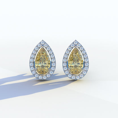 3 Carat Yellow Pear Cut Lab Diamond Stud Earrings | Halo Setting - Kelly